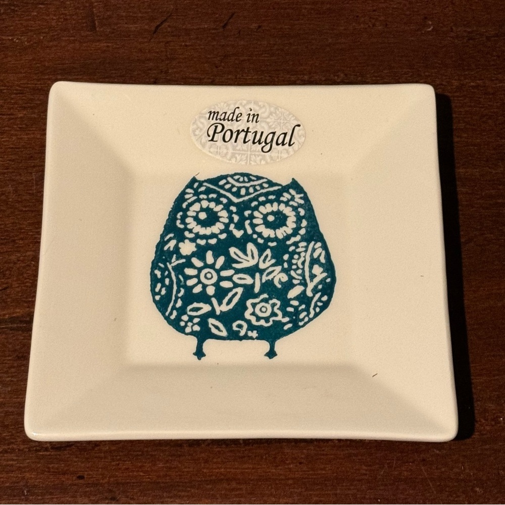 New Teal OWL PLATE Made in PORTUGAL MATCERAMICA 5-1/8” Trinket dish - Picture 2 of 4